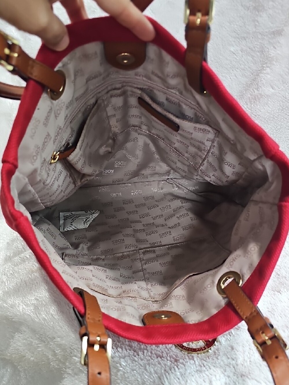 Michael Kors Red Canvas Tote with Brown Leather Handles and Gold MK Charm - Picture 4 of 17